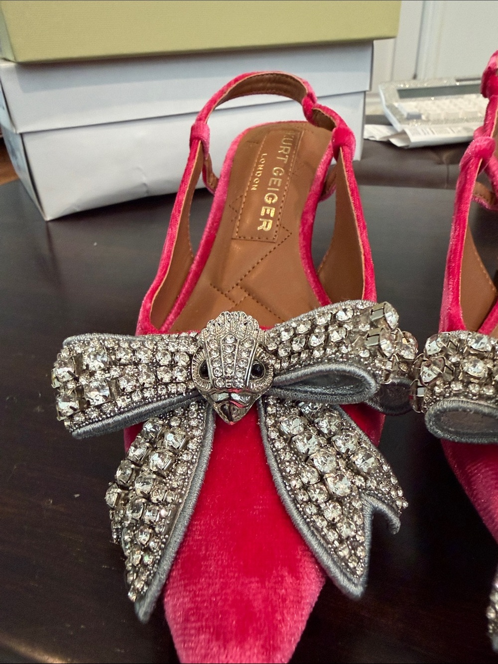 Kurt Geiger Hot Pink Velvet Slingback Flats with Crystal Bow - Picture 4 of 7